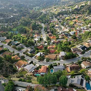 Arial photo of suburban housing.